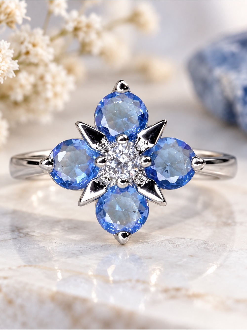 Blue Floral Cluster Ring Silver Tone Crystal Statement Ring Boho Cottagecore